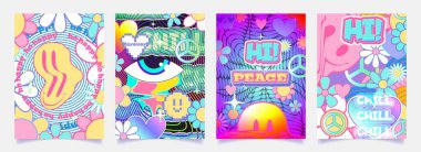 Psikedelik renklerde Retro y2k poster tasarımları - eriyen gülen yüzler, dev gözler, barış işaretleri ve papatya çiçekleri. Nostaljik parti broşürleri veya popüler sosyal medya paylaşımları için moda stiker grafikleri.
