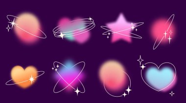 Y2k gradyan şekli yörünge halkaları ve parıltılarıyla belirlendi. Bulanık daireler, kalpler ve yıldızlar pastel formlar. Nostaljik dijital sanat ve retro fütürist grafik için rüya gibi estetik içeren yumuşak parıltı efektleri.