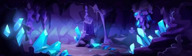 Işıldayan mavi kristallerle dolu sihirli bir mağara. Mor kaya oluşumlarını aydınlatan. Mistik yeraltı odası, parlak mücevherler, tavandan damlayan sarkıtlar. Fantezi zindan sahnesi.