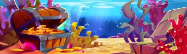 Çizgi film sualtı hazine sahnesi. Açık sandık, deniz tabanında altın paralar. Etrafı renkli mercan resifleri ve deniz yosunlarıyla çevrili. Macera oyunu için mavi sularda kabarcıklar oluşturan okyanus tabanı.