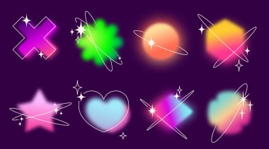 Parlak bulanık efektleri olan Y2k gradyan şekli - eşkenar dörtgen ve altıgen, çiçek ve kalp, çapraz ve yıldız. Geçmişe dönük tasarımlar için parıldayan neon renkli geometrik elementler.