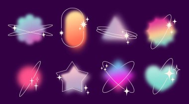 Rüya gibi bulanık efektli Y2k eğimli elementler - parlayan ovaller, yıldızlar, ışıltılı yörünge halkaları. Yumuşak gökkuşağı renkleri nostaljik geçmişe dönük dijital tasarımlar için ruhani biçimler.