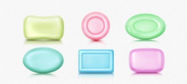 Renkli 3D sabun koleksiyonu - mavi dikdörtgen, pembe yuvarlak ve yeşil oval şekiller, banyo ürünleri, hijyen veya temizlik malzemeleri tasarımı için şeffaf arka planda parlak pürüzsüz yüzey.