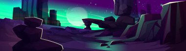 Mor kayalık arazili yabancı gezegen manzarası, parlayan turkuaz gökyüzü, uzak aylar, kristal oluşumlar ve mistik ışık huzmeleri. Uzay keşfi oyunları tasarımı için bilim kurgu ortamı.