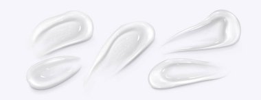 Beyaz kozmetik jel sürme örnekleri - parlak krem doku örnekleri, güzellik losyonu testi için kalın şeffaf cilt ürünleri vuruşları, nemlendirici uygulama veya farmasötik merhem sunumu.
