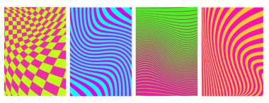 Psikedelik optik illüzyon arka planları - neon renkli canlı dalga desenleri, bozuk dama tahtası, akan çizgiler. Retro posterler, hipnotik ve moda sanat tasarımı için tuhaf görsel efektler