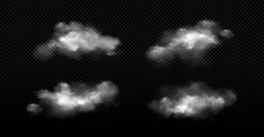 Şeffaf arkaplanda gerçekçi bulut oluşumları. Yumuşak kenarlı tüylü kümülüs şekilleri. Hava durumu grafikleri için doğal gökyüzü elementleri, atmosferik örtüler veya meteorolojik illüstrasyon tasarımı