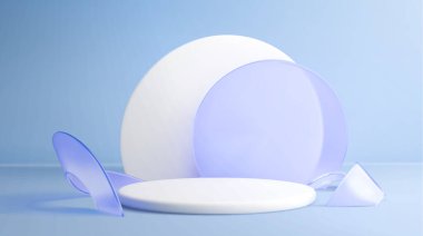 Beyaz dairesel platformlu 3d cam podyum. Pastel arka planda şeffaf mavi geometrik şekiller. Kozmetik ve lüks minimalist sunum tasarımları için modern ürün tanıtım aşaması.