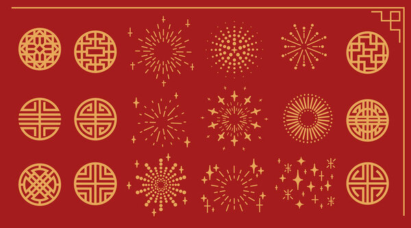 Golden circle patterns on red bg - traditional Chinese and Japanese geometric designs, fireworks, stars bursting. Oriental decorative emblems with lattice circles for lunar new year, Asian festivals