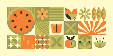 Bauhaus bitki ızgarası, turuncu meyve dilimleri, yeşil yapraklar, kelebekler ve geometrik karelerde kuş - soyut doğa elementlerine sahip retro botanik desen. Duvar kağıdı için klasik modernist tasarım kiremitleri