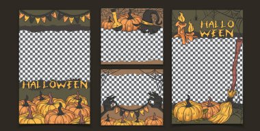 Cadılar Bayramı çerçeveli ürkütücü sınırları olan sosyal medya şablonları - turuncu balkabakları, cadı şapkası, yanan mumlar, süpürge ve parti kiraz kuşu. Üst üste yükleme iletileri için şeffaf bg, Ekim festivali hikaye tasarımları.