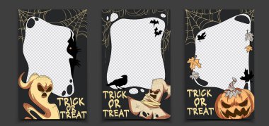 Cadılar Bayramı sosyal medya şablonları - şaka mı şeker mi yazılı ürkütücü fotoğraf sınırları, hayalet ve cadı şapkası, yarasalar ve karga, balkabağı ve örümcek ağları. Karanlık gotik Ekim partisi postası ya da hikaye tasarımı .
