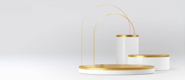 Beyaz podyum sergisi, krem arkaplanda altın çizgili kemer, silindirik platformları ve zarif arka planı olan minimalist ürün sergisi. Lüks eşyalar sergisi için modern sunum aşaması.