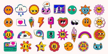 Eski moda çizgi film karakterleriyle canlı bir pop simgesi seti. Sevimli yüzler, hava unsurları, yiyecek unsurları ve mesajlaşma, sosyal medya etiketleri ve nostaljik tasarım için parlak renkli soyut şekiller.