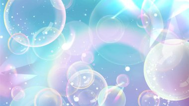 Işıltılı efektli rüya gibi yanardöner baloncuk arka planı - pastel mavi ve mor renkte yüzen sabun köpükleri, güzellik ürünü sunumları ve çamaşır tasarımı için sihirli ışık yansımaları.