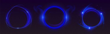 Mavi neon halkalar seti. Parlak ışık yollarıyla parlayan halka efektleri. Koyu arkaplanda elektrik dairesel çerçeveler. ui, oyun arayüzü veya geleceksel dekorasyon için modern aydınlatma tasarım ögeleri
