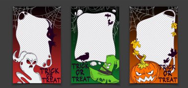 Cadılar Bayramı sosyal medya şablonları - şaka mı şeker mi yazılı ürkütücü fotoğraf sınırları, hayalet ve cadı şapkası, yarasalar ve karga, balkabağı ve örümcek ağları. Karanlık gotik Ekim partisi postası ya da hikaye tasarımı .
