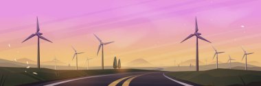 Gün batımında yol boyunca rüzgar türbinleri. Enerji üretim çiftliği olan yenilenebilir enerji sahası. Çevre dostu seyahat için sürdürülebilir elektrik altyapısı olan kırsal kesimde otoyol.