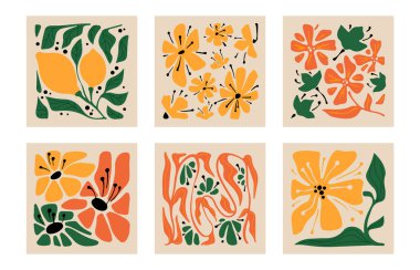 Matisse stilinden esinlenilmiş harika çiçek kareleri. Turuncu, sarı çiçekli ve bej üzerine yeşil yapraklı boho botanik baskılar. Retro, duvar dekoru için soyut kompozisyonlarda tarz çiçekleri keser