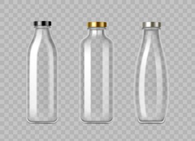 Metal kapaklı boş cam süt şişeleri. Süt ürünleri veya meyve suları için şeffaf kaplar. Siyah, altın ve gümüş kapaklı sürahi maketleri temizleyin. İçecekler için boş parlak yeniden kullanılabilir paket.