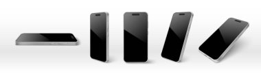 Farklı açılardan bakıldığında gümüş aygıtı gösteren modern akıllı telefon modeli - yatay düz, dikey duruş, eğimli perspektif ve uygulama sunumu veya dijital pazarlama için siyah parlak ekran.
