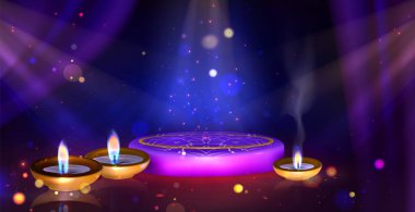 Parlayan mor mandala platformuyla Diwali sahnesi, mavi alevler yakan altın yağ fenerleri, koyu arka planda bokeh sihirli parıltılar - Hint karnaval kartları için ruhani atmosfer.