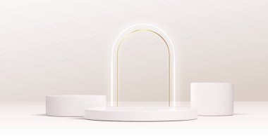 Krem zemin üzerinde altın çizgisi olan beyaz podyum - silindirik platformları ve zarif parlayan kemer arkaplanlı minimalist ürün sergisi. Lüks eşya sergisi için modern sunum aşaması