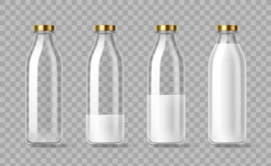 Altın kapaklı cam süt şişeleri ve farklı dolgu seviyeleri - boş ve çeyrek, yarısı ve dolu. Süt ürünleri veya meyve suyu ambalajı için temiz içecek kutuları. Tasarım için şeffaf sürahi modelleri.
