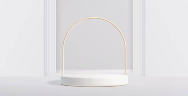 Ürün sergisi için altın kemer çerçeveli beyaz silindir podyum dekoratif sütunlar arasında en az zarif sahne platformu. Modern geometrik tasarım elementleriyle lüks sunum duruşu.