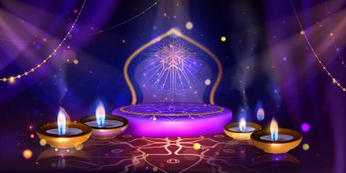 Işık saçan fener ve kutlama için podyumu olan Diwali arka planınız kutlu olsun. Geleneksel Hint festivali sahnesi. Dekoratif ışıklar ve bayram kutlamaları için mumlar..
