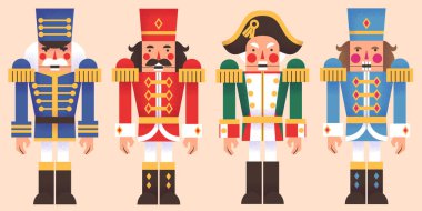 Fındıkkıran karakterleri - yeşil, kırmızı ve mavi üniformalı askerler, tricorn ve shako şapka. Noel süslemeleri için Noel figürleri, festival tiyatro gösterimi