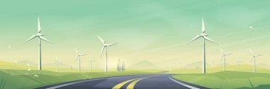 Eğri asfalt otoyol boyunca türbinleri olan rüzgar enerjisi manzarası. Yeşil tepelerde sürdürülebilir enerji üretim çiftliği. Çevre dostu kalkınma için temiz yenilenebilir elektrik altyapısı