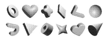 Modern grafik tasarımı ve dijital sanat için yarım ton grafikli Y2k barbarlık pikseli şekilleri. Noktalı desenli soyut geometrik şekiller. Web ya da yazdırma için geçmişe dönük gelecek ögeleri.