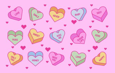 Sevgililer Günü mesajları içeren kalp şeker koleksiyonu. Renkli sohbet kalpleri pembe, mavi ve sarı renkli tatlı kelimeler. Romantik kutlama tasarımları için parıldayan aşk şekerleri.