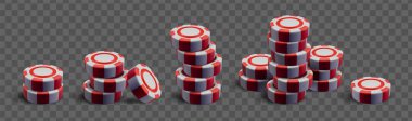 Kırmızı beyaz kumarhane çipleri 3D render - kumar jetonları farklı yükseklikler, poker oyunu için etrafa saçılmış tek madeni paralar, online oyun grafikleri veya Vegas tarzı eğlence tasarımı.