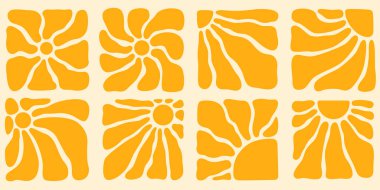 Soyut sarı şekilli ve klasik arka planlar veya bohem tarzında dekoratif duvar kağıtları için retro çiçek desenli Boho moda güneş desenleri. Yaratıcı tasarım çalışmaları için modern sanatsal öğeler.