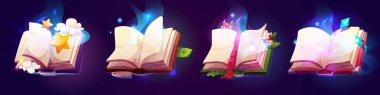 Oyun varlıkları için hazırlanmış sihirli kitaplar - mavi dumanlı büyüler, yüzen yıldızlar ve bulutlar, mantarlı açık büyü kitapları, kristaller ve büyücü Rpg ui için parlayan sayfalar.