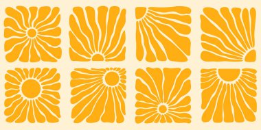 Soyut sarı şekilli ve klasik arka planlar veya bohem tarzında dekoratif duvar kağıtları için retro çiçek desenli Boho moda güneş desenleri. Yaratıcı tasarım çalışmaları için modern sanatsal öğeler.