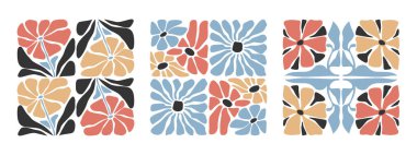 Matisse biçimli ve boho papatya çiçekli harika desenler. Modern tekstil ya da duvar kağıdı tasarımı için botanik elementler. Organik biçimli ve klasik tarzlı soyut çiçekler.