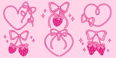 Dekoratif kurdeleli pembe çizgili sanat kalbi şekilleri - Sevgililer Günü tasarımları için coquette tarzı çerçeveler, romantik kartlar, kız dekorasyonları. Pastel arka planda bağcıkları olan filigran kalpleri..