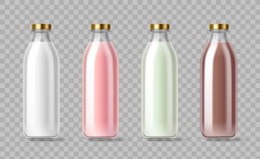 Meyve suyu ve şeffaf arka planda altın kapaklı cam süt şişesi koleksiyonu. Beyaz süt ürünleri, pembe çilek, yeşil smoothie ve çikolata içecekleri ambalaj veya ürün gösterisi için.