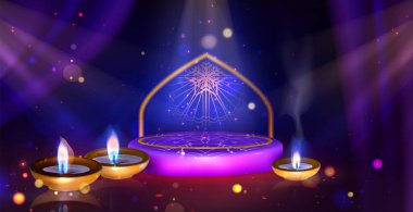Işık saçan fener ve kutlama için podyumu olan Diwali arka planınız kutlu olsun. Geleneksel Hint festivali sahnesi. Dekoratif ışıklar ve bayram kutlamaları için mumlar..