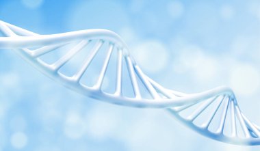 Bilimsel araştırma sunumları için mavi gradyan arka planda beyaz DNA sarmal yapısı. Yumuşak gölgeleri ve temiz çizimi olan çift sarmal model. Tıbbi genetik görselleştirme değeri.