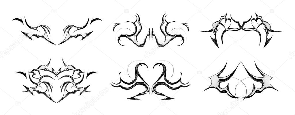 Tribal y2k metal tattoo collection with symmetrical gothic designs for alternative style and body art. Black flame ornaments with sharp edges and metalcore aesthetic. Vector decorative elements