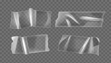 Şeffaf yapıştırıcı bant koleksiyonu - buruşuk, katlanmış kenarlı, şeffaf plastik viski parçaları ve fotoğraf kolajı tasarımı, paketleme veya kırtasiye grafikleri için gerçekçi ışık yansımaları