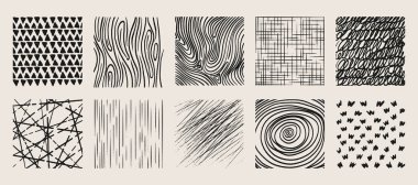 Üçgenler, ahşap tanecikler, dalgalar ve ızgaralar, karalamalar, çizimler ve sanatsal tasarımlar için spiraller ile çapraz desen desenleri. Çeşitli geometrik şekil ve çizgilerle el çizimi arkaplanlar.