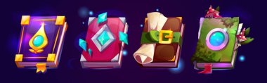 Oyun arayüzü için hazırlanmış sihirli kitaplar - parıldayan mücevherler, mistik sayfalar ve fantezi tasarımı ile renkli kapaklar, mantarlı kapalı büyüler, parşömenler, kristaller ve parıltılar