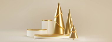 Noel ürün gösterisi için bej arka planda altın koni ağaçları ve beyaz podyum platformlarıyla Xmas kompozisyonu sergiliyor. Minimalist tarzda metalik dekoratif elementlerle lüks şenlik sahnesi.