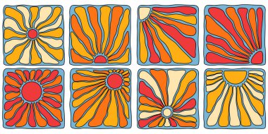 Hippi tarzı sanat için eski ışınları ve dalgalı desenleri olan harika boho güneş tasarımları. Turuncu, sarı ve kırmızı saykodelik güneş patlamalı renkli fayanslar. Poster ve baskılar için 70 'lerin klasik estetiği.