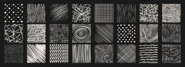 Noktalar, ahşap tanecikler, çapraz çizgiler ve kaotik darbeler, şebeke kareleri, organik girdaplar ve geometrik üçgenler ile çapraz desen dizilmiş. Siyah beyaz el çizimi tasarım arkaplanları.
